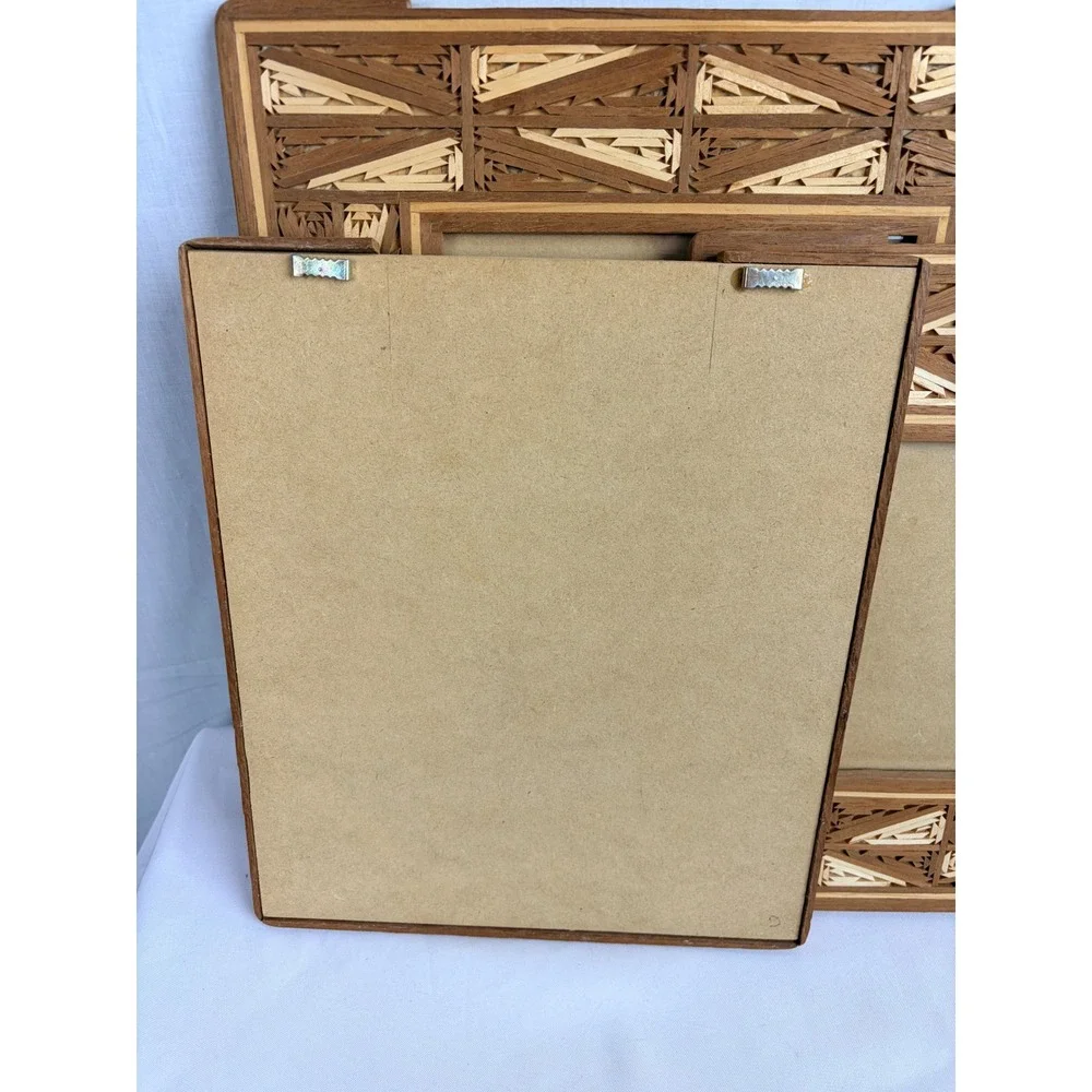 Set of 3 Vintage Straw Marquetry Wood Picture Frames Geometric Boho Home Decor